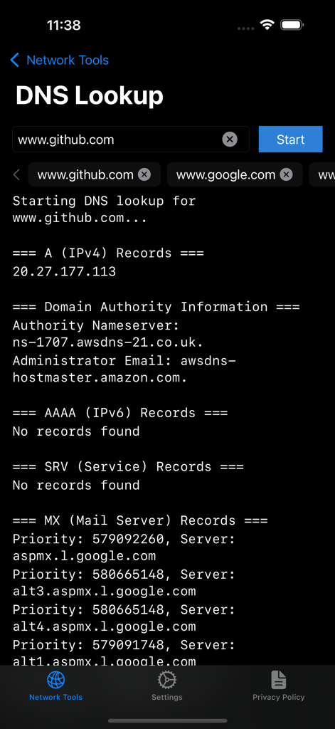 NetProbe - NetProbe app screen displaying DNS lookup results for github.com including IPv4 and MX records