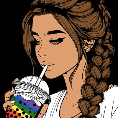 realistic girl drinking boba tea with braided hair