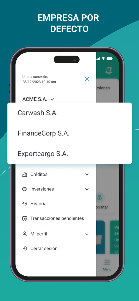 Bolivariano Empresas - Mobile screen of Bolivariano Empresas app displaying a list of selectable company accounts and a navigation menu