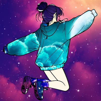 realistic girl jumping with a bun and oversized sweatshirt