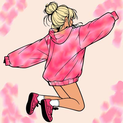 realistic girl jumping with a bun and oversized sweatshirt