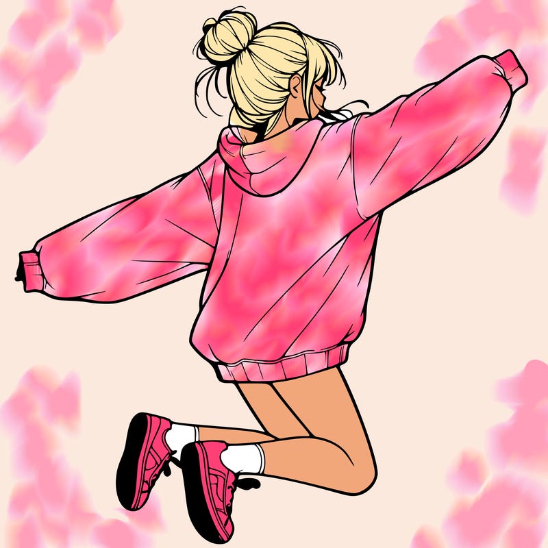 realistic girl jumping with a bun and oversized sweatshirt