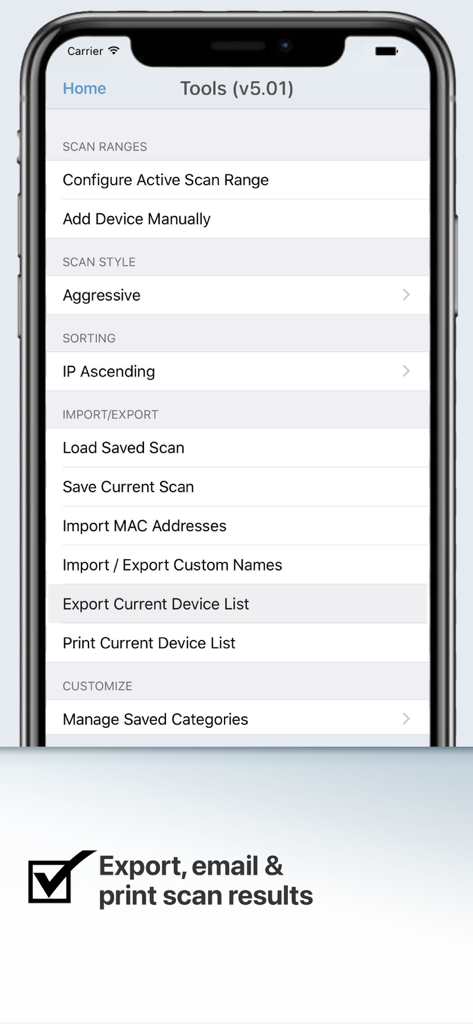 IP Scanner Ultra - IP 스캐너 울트라 도구 메뉴에 네트워크 스캔 결과 내보내기, 이메일 보내기, 인쇄 옵션이 표시됨