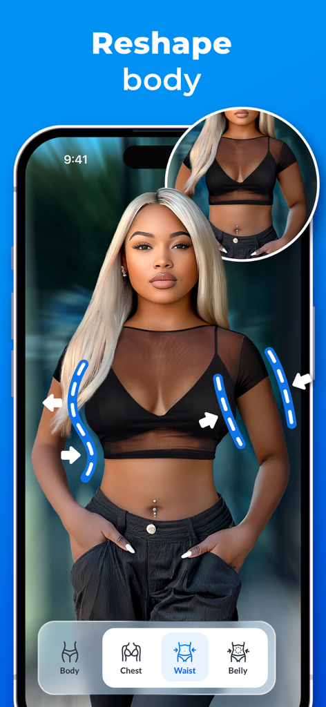 Facelab app interface showing the body reshaping tool being used to slim a waist on a photo