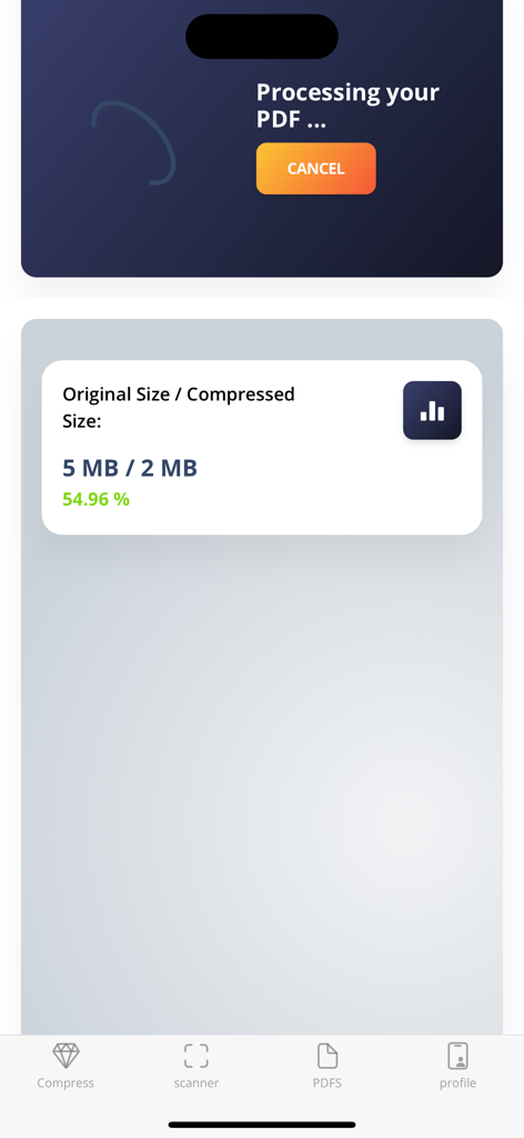 PDF Scanner Converter & Editor - PDF-Komprimierungsbildschirm zeigt eine Reduzierung der Dateigröße von 5 MB auf 2 MB