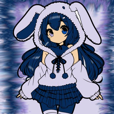pretty anime girl wearing a fluffy hoodie with bunny ears on the hood and a skirt
