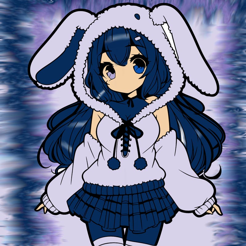 pretty anime girl wearing a fluffy hoodie with bunny ears on the hood and a skirt