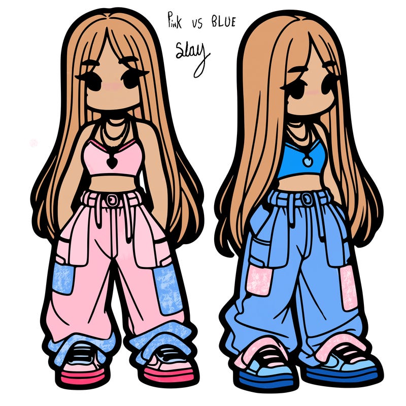 girl in baggy pants crop top and long hair