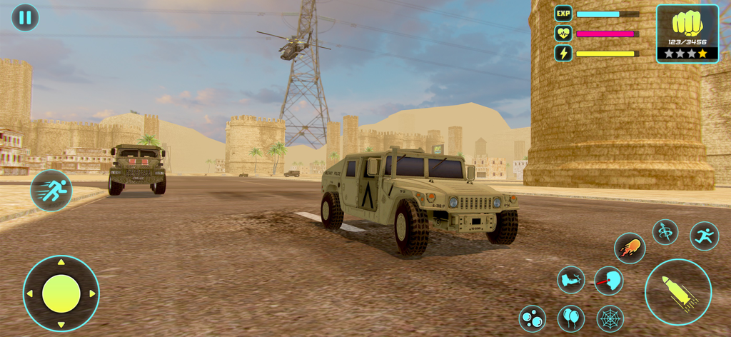Tank Games 3D : Army War Games - A 3D military humvee driving through a desert environment in an army war game with a helicopter overhead.