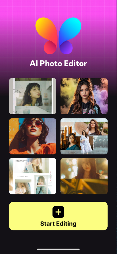 AI Photos Editor+ - AI Photo Editor app home screen with butterfly logo and Start Editing button