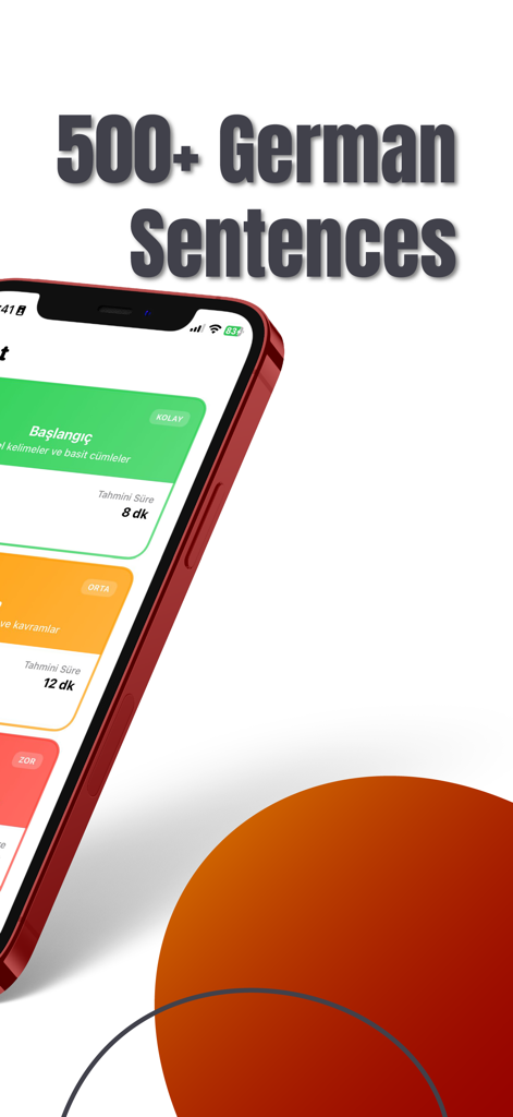 Türkçe - Almanca Kelimeler - Mobile app interface displaying 500 plus German sentences for Turkish speakers with different difficulty levels
