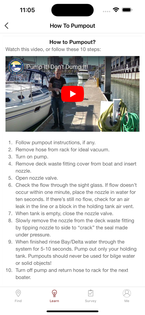 Pumpout Nav - Instructional screen in the Pumpout Nav app titled How To Pumpout featuring 10 steps and a video tutorial.