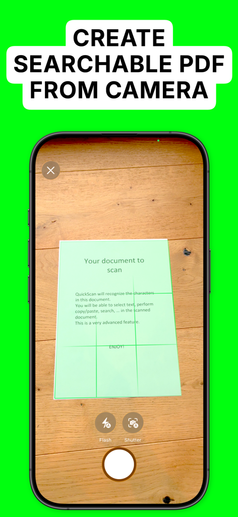 iPhone screen showing the QuickScan app scanning a document to create a searchable PDF