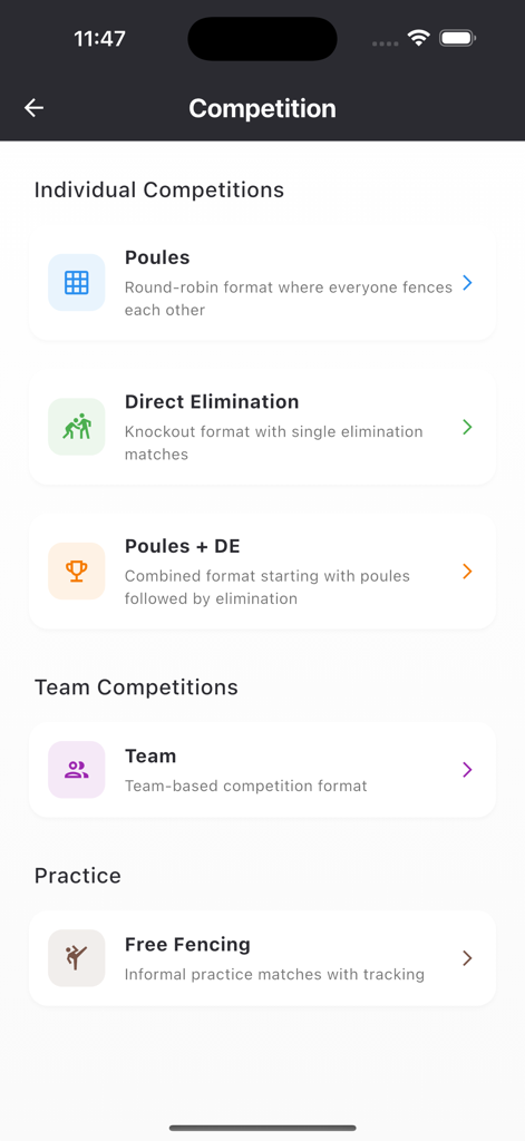 Clawer - Clawer app screen showing fencing competition formats including poules direct elimination team matches and free fencing practice