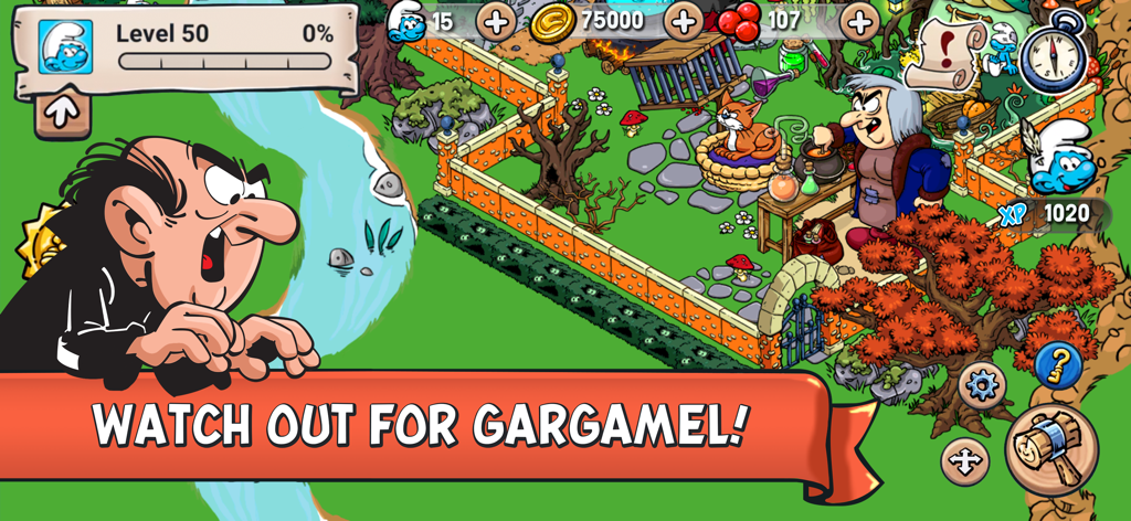 Gargamel and his cat Azrael in the Smurfs Village mobile game with a Watch Out For Gargamel warning banner