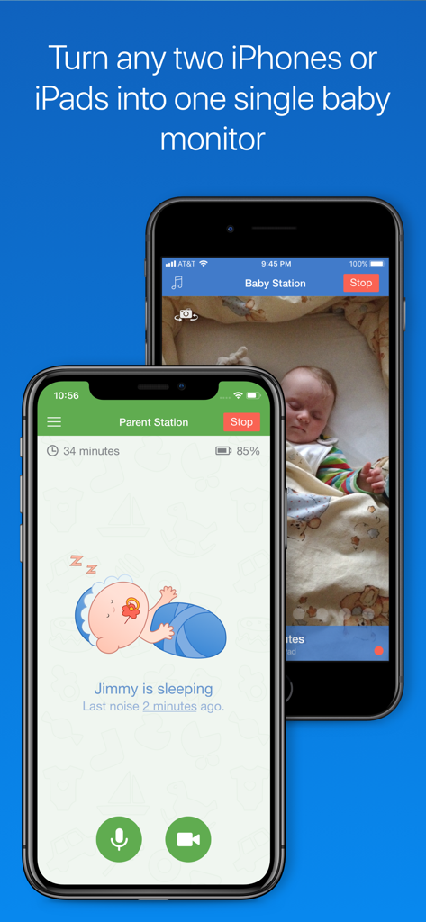 Baby Monitor 3G - Two iPhones configured as a baby monitor using the Baby Monitor 3G app