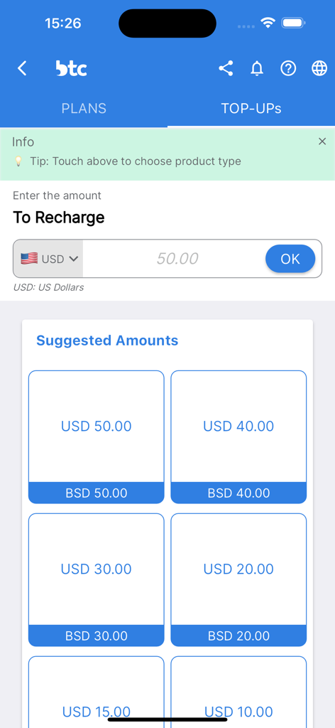 MyBTC - MyBTC app interface for mobile top-ups and recharge with currency options