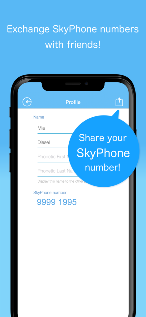 SkyPhone - Voice & Video Calls - A mobile interface of the SkyPhone app showing a user profile with a unique calling number and a share button