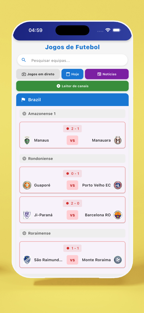 Futebol Max app displaying live soccer scores and match results for Brazilian leagues.