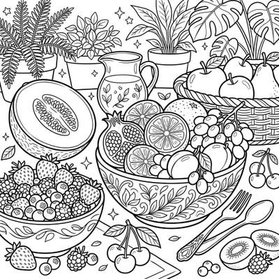 Explore a delightful full scene coloring page featuring an abundant spread of fresh fruit bowls. This intricate design offers a refreshing and healthy theme, perfect for bringing vibrant colors to life.
