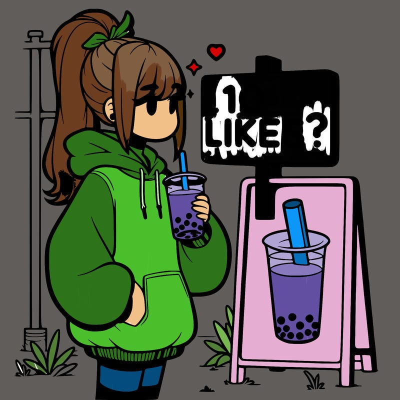 girl with oversized hoodie drinking boba and she has a high ponytail with a sign that says 10likes?