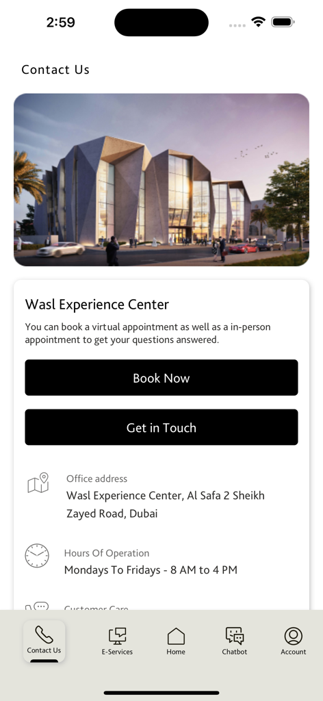 Wasl: Buy & Rent in Dubai - Contact page of the Wasl app showing the Experience Center booking options and office address in Dubai