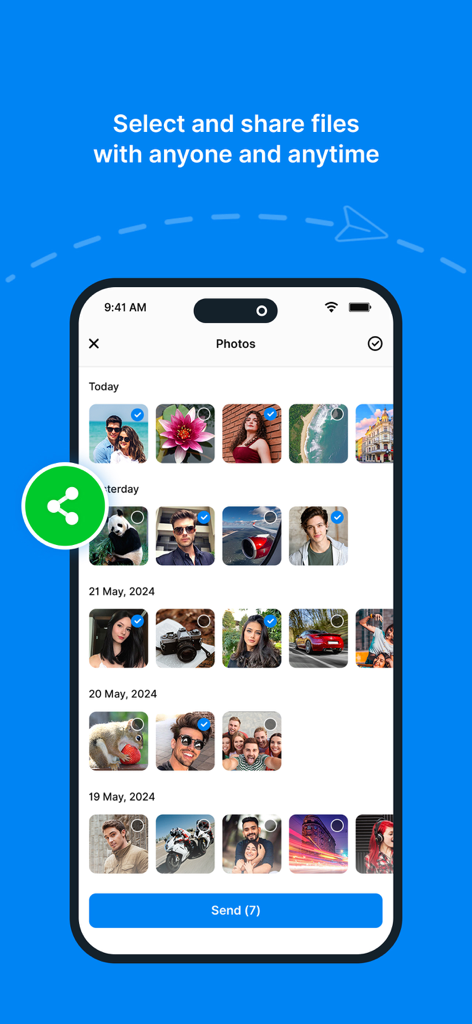 ShareMe - All File Sharing - Interfaz de la aplicación ShareMe que muestra una cuadrícula de fotos con varias seleccionadas para compartir