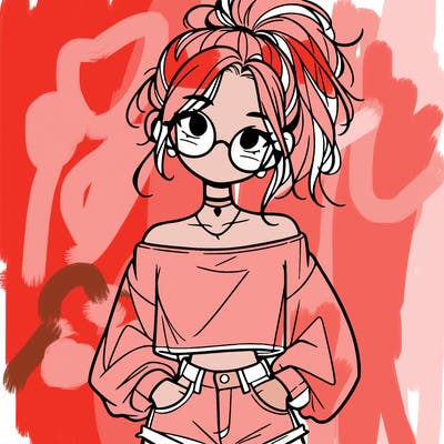 girl with a messy ponytail glasses a baggy crop top and jean shorts