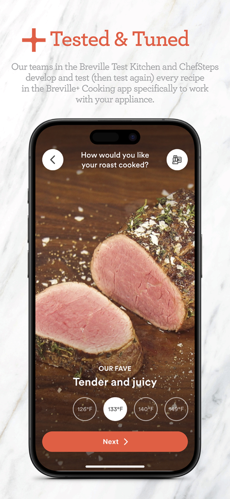 Schermata dell'app Breville plus per selezionare la cottura di un arrosto in base alla temperatura