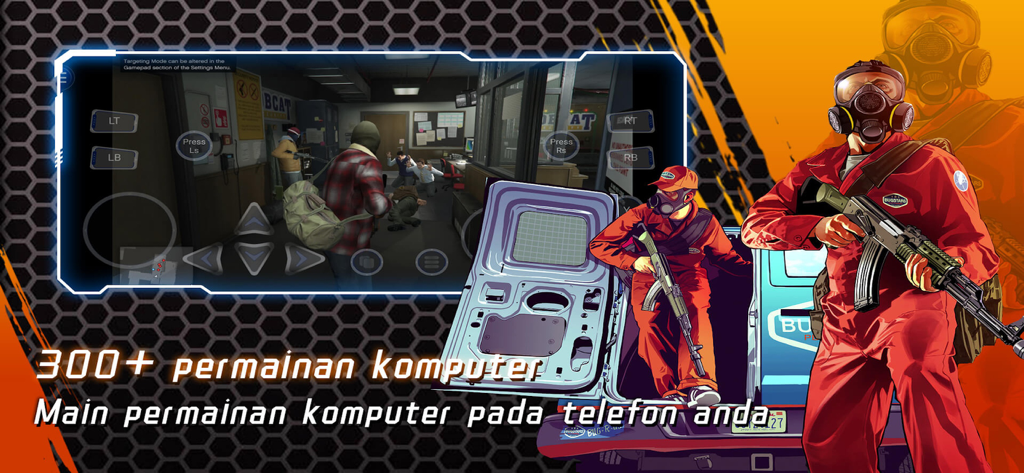 Interface do aplicativo Netboom mostrando um jogo de PC sendo jogado em um dispositivo móvel com controles de gamepad virtuais.