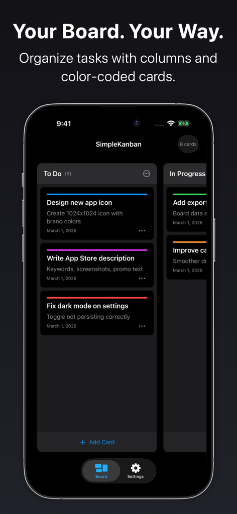 SimpleKanban: Tasks Board - Tela do iPhone exibindo o quadro de tarefas do aplicativo SimpleKanban em modo escuro com cartões codificados por cores