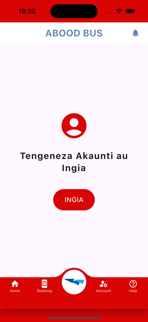 Abood Bus mobile app account login screen with options to sign in or create an account in Swahili.