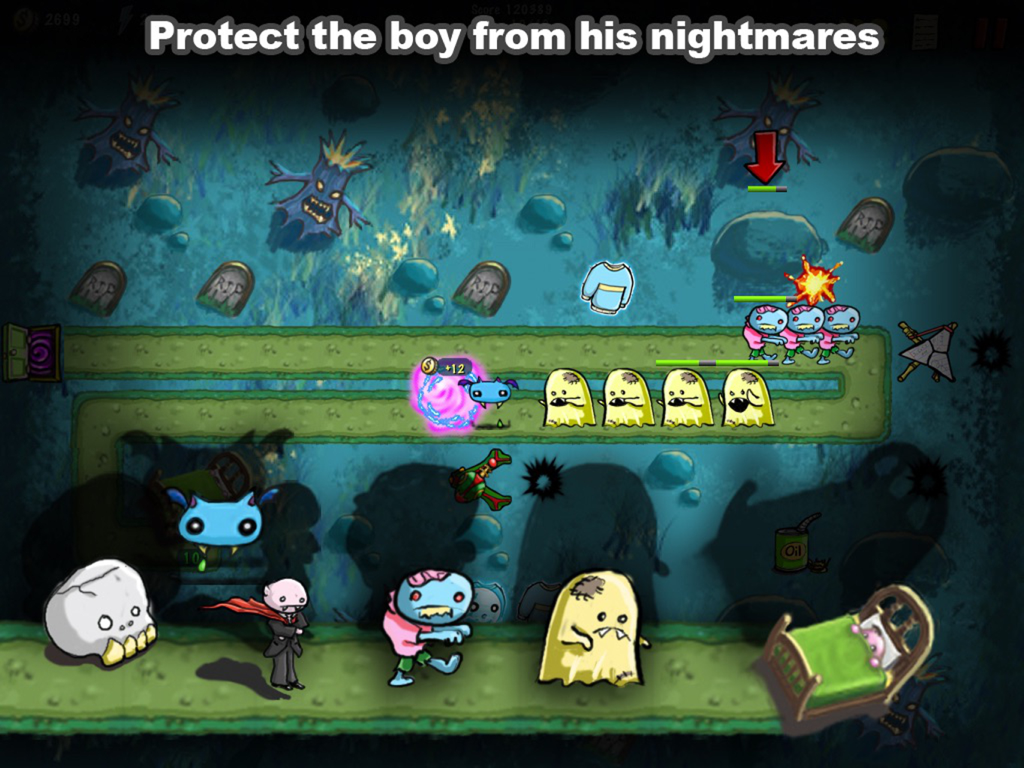 The Creeps! HD - Screenshot di gioco di The Creeps HD che mostra mostri cartoni animati che attaccano un ragazzo a letto in stile tower defense