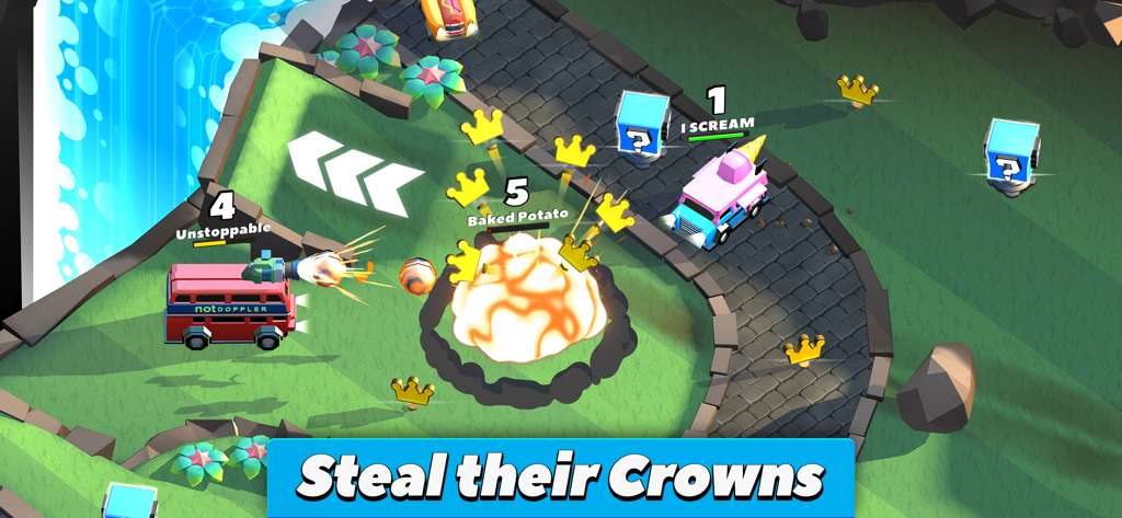 A top-down view of cars battling in a multiplayer arena with explosions and golden crowns