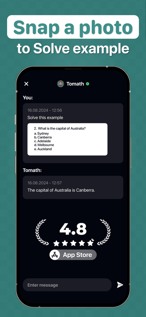 Bildschirm eines Smartphones, das zeigt, wie die Tomath AI-App eine Geografiefrage aus einem Foto löst
