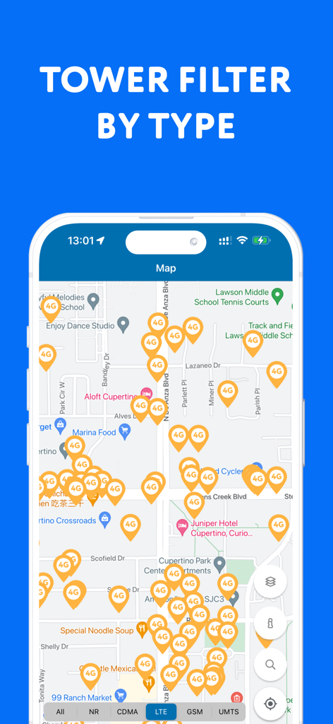 Interfaz de mapa de la aplicación Localizador de Torres Celulares que muestra ubicaciones de torres celulares 4G filtradas