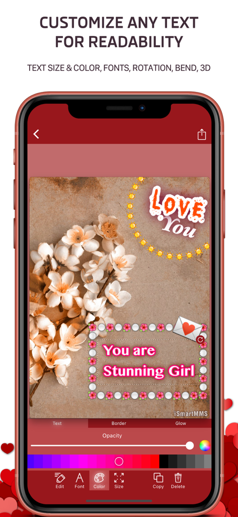 Interfaz de aplicación móvil para personalizar fuentes y colores de texto en una tarjeta de felicitación romántica