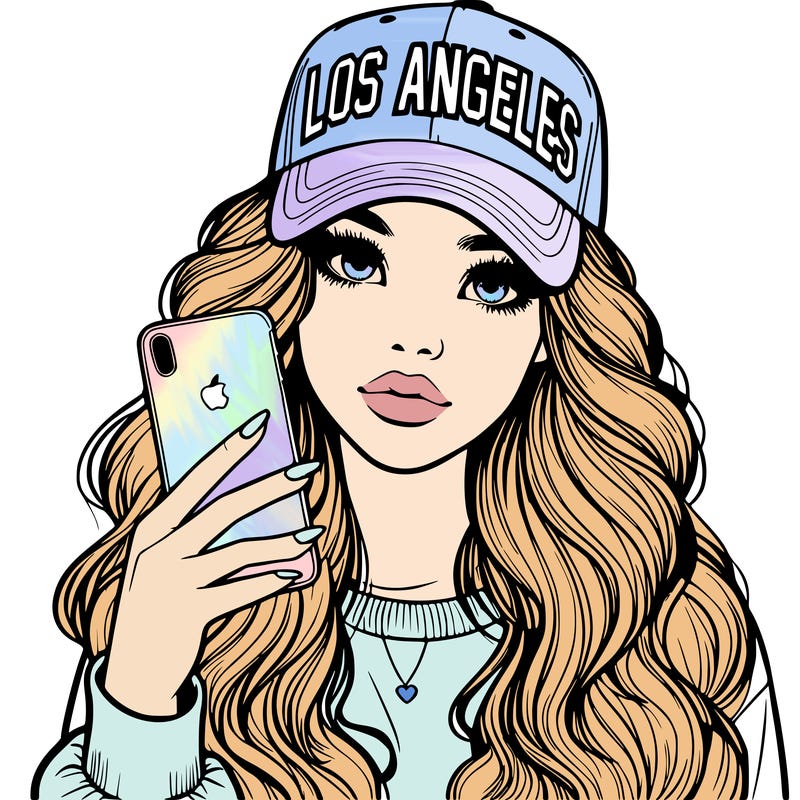 realistic beautiful girl wearing los ángeles cap holding an iphone