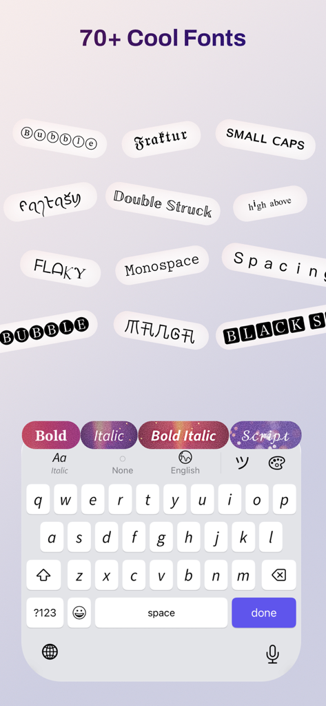 Cool Fonts+ - Custom mobile keyboard showing various font styles like Bubble and Fraktur