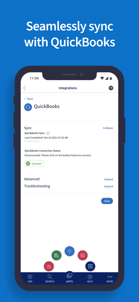 Mobile screen of Method CRM showing real-time QuickBooks sync and integration settings