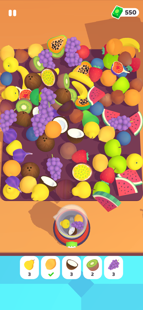 Mini Market - Cooking game - Mini Market調理ゲームで、ブレンダーに様々なカラフルな果物を仕分けている様子。