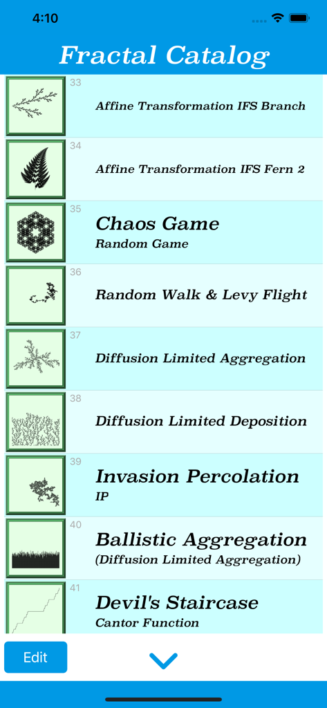 Lista de modelos fractales matemáticos incluyendo el Juego del Caos y la Escalera del Diablo en la interfaz de la aplicación Catálogo Fractal.