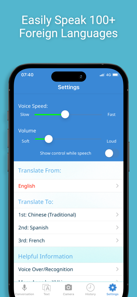 Multi Translate Voice AI - Settings menu of the Multi Translate Voice AI app displaying voice speed controls and a selection of three target languages for simultaneous translation