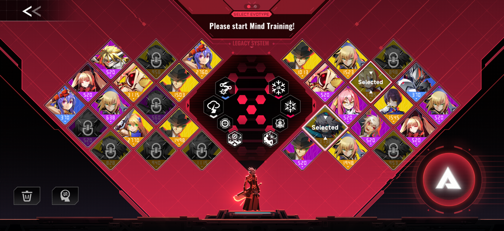 La pantalla de selección de personajes de Entrenamiento Mental en BlazBlue Entropy Effect mostrando una cuadrícula de luchadores disponibles y el sistema de legado.