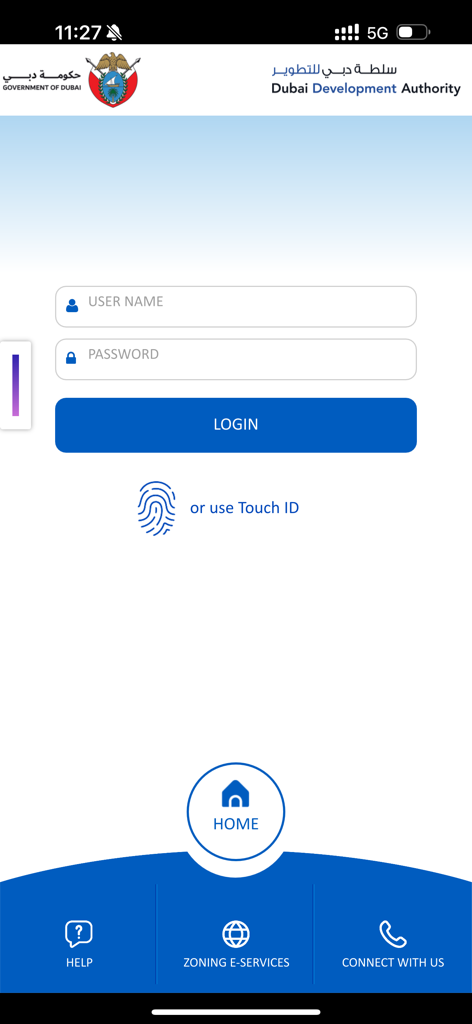 DDA GIS Portal - Login interface for the DDA GIS Portal app showing username and password fields and Touch ID authentication