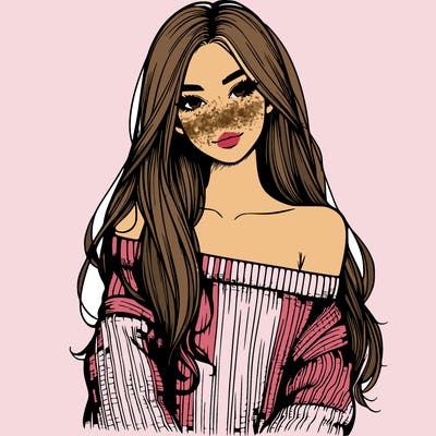 realistic girl with long hair wearing an off the shoulder sweater