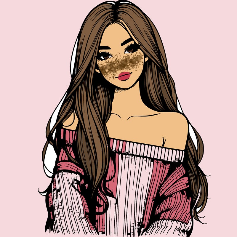 realistic girl with long hair wearing an off the shoulder sweater