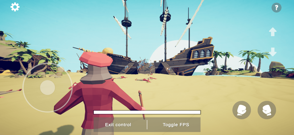 A gameplay screenshot of TABS Pocket Edition showing a red unit on a tropical beach facing a large pirate ship