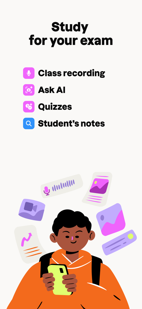 Studocu: AI Notes & Summaries - Un estudiante usando la aplicación móvil Studocu para preparación de exámenes con notas de IA y grabaciones de clase