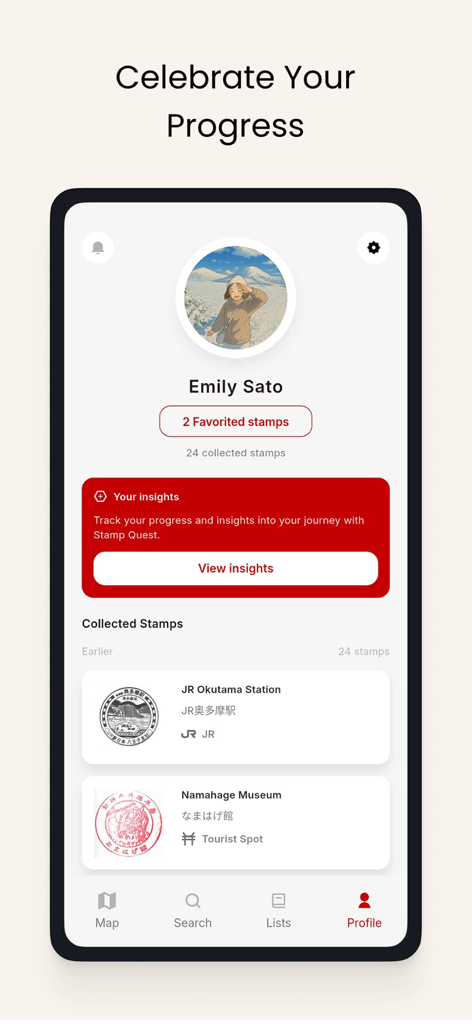 Stamp Quest - Stamp Quest app profile screen displaying collected stamps and travel progress